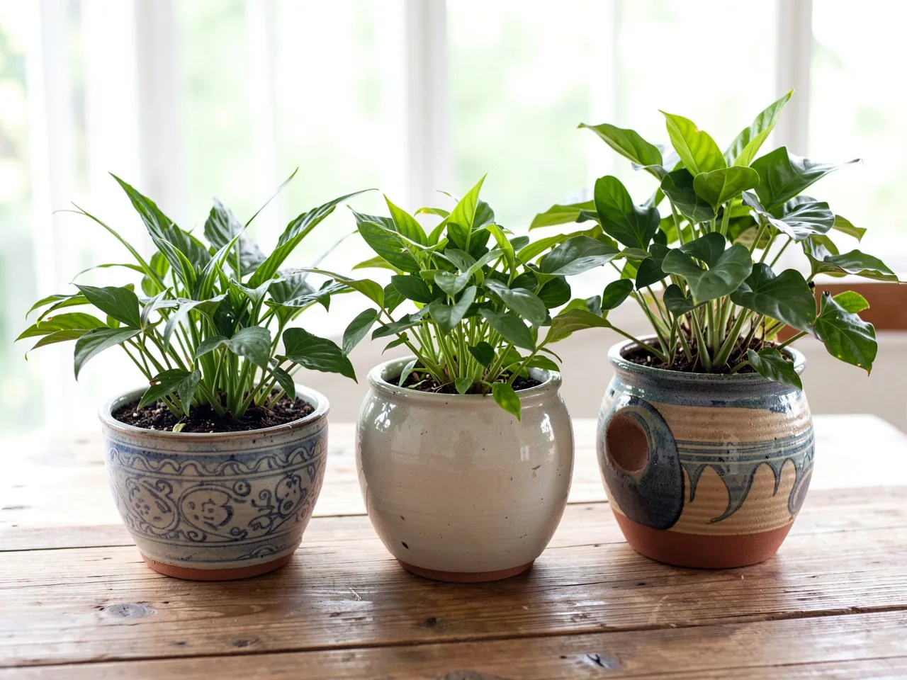 Tre dekorative potteplanter